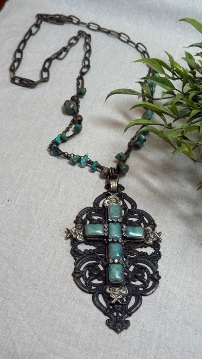 Large Stone Cross on Mixed Media Necklace - Vintage Vault Boutique