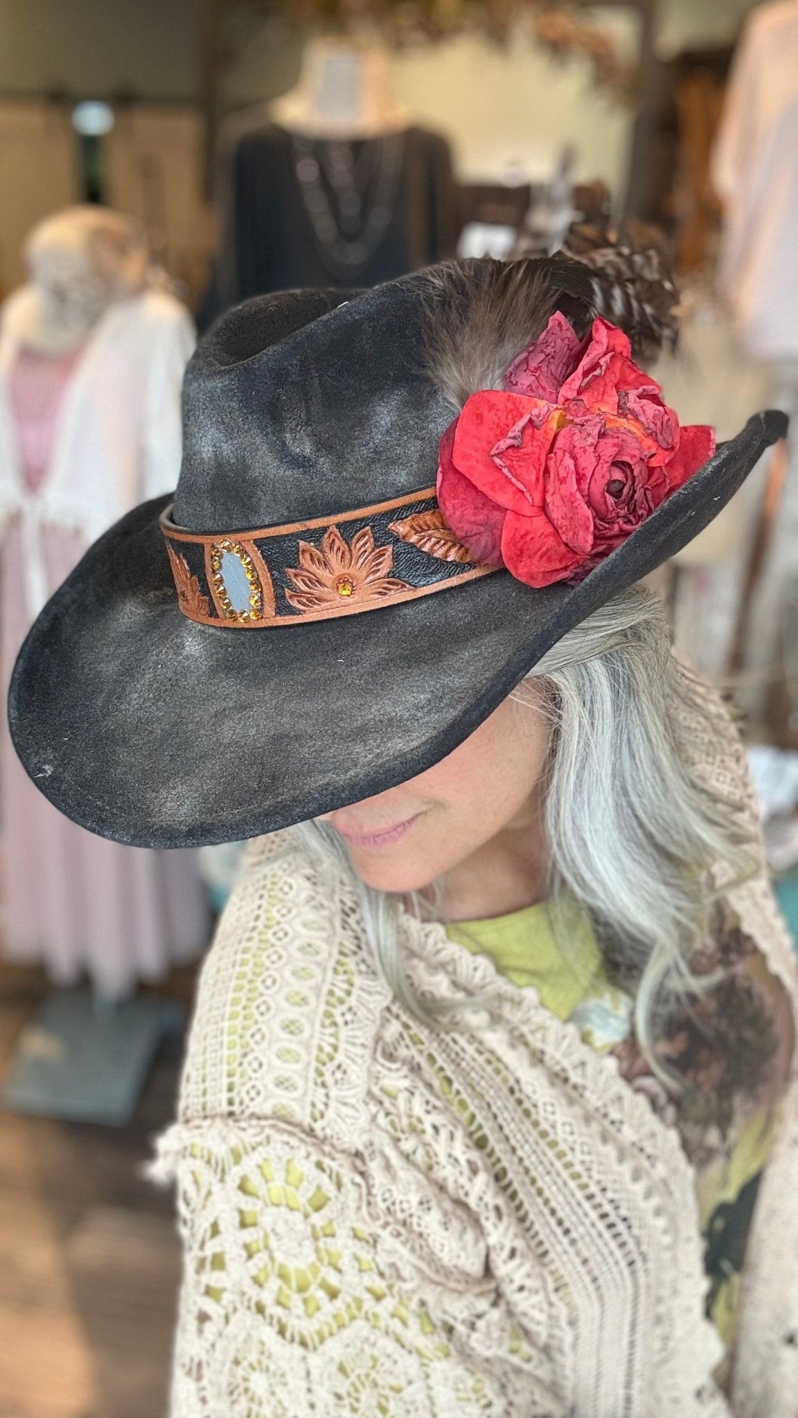 Red Rose Black Cowboy Hat by A Rare Bird - Vintage Vault Boutique