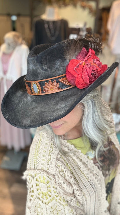 Red Rose Black Cowboy Hat by A Rare Bird - Vintage Vault Boutique
