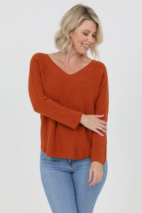 Rust V-Neck Solid Sweater ONE SIZE