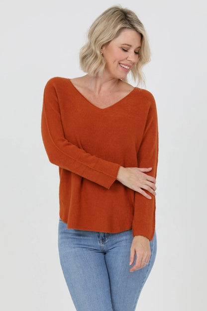 Rust V-Neck Solid Sweater ONE SIZE