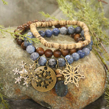 Czech Stone &amp; Bronze Snowflake Stretch Blue Bracelet Set