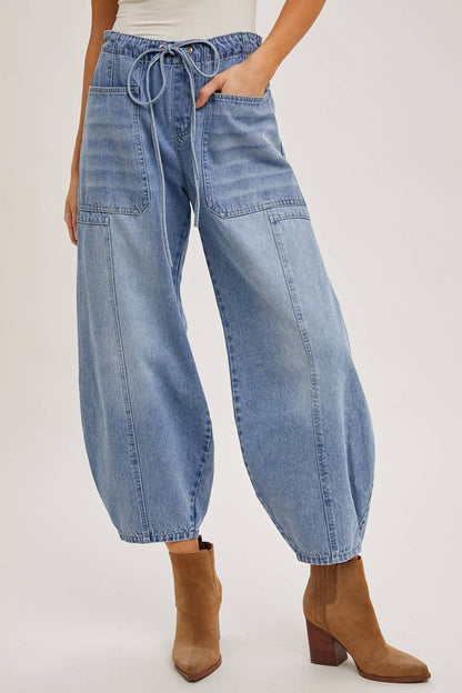 Denim Mid-Rise Drawstring Barrel Jeans