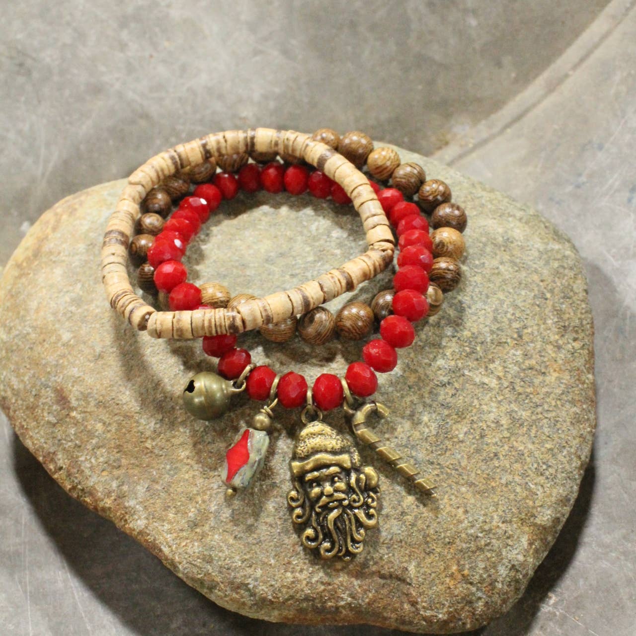 Czech Stone &amp; Bronze Santa Stretch Bracelet Set