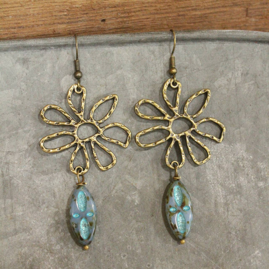 Hammered Wildflower &amp; Glass Czech Pendant Drop Earrings