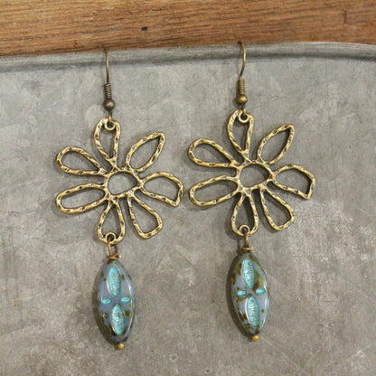 Hammered Wildflower &amp; Glass Czech Pendant Drop Earrings