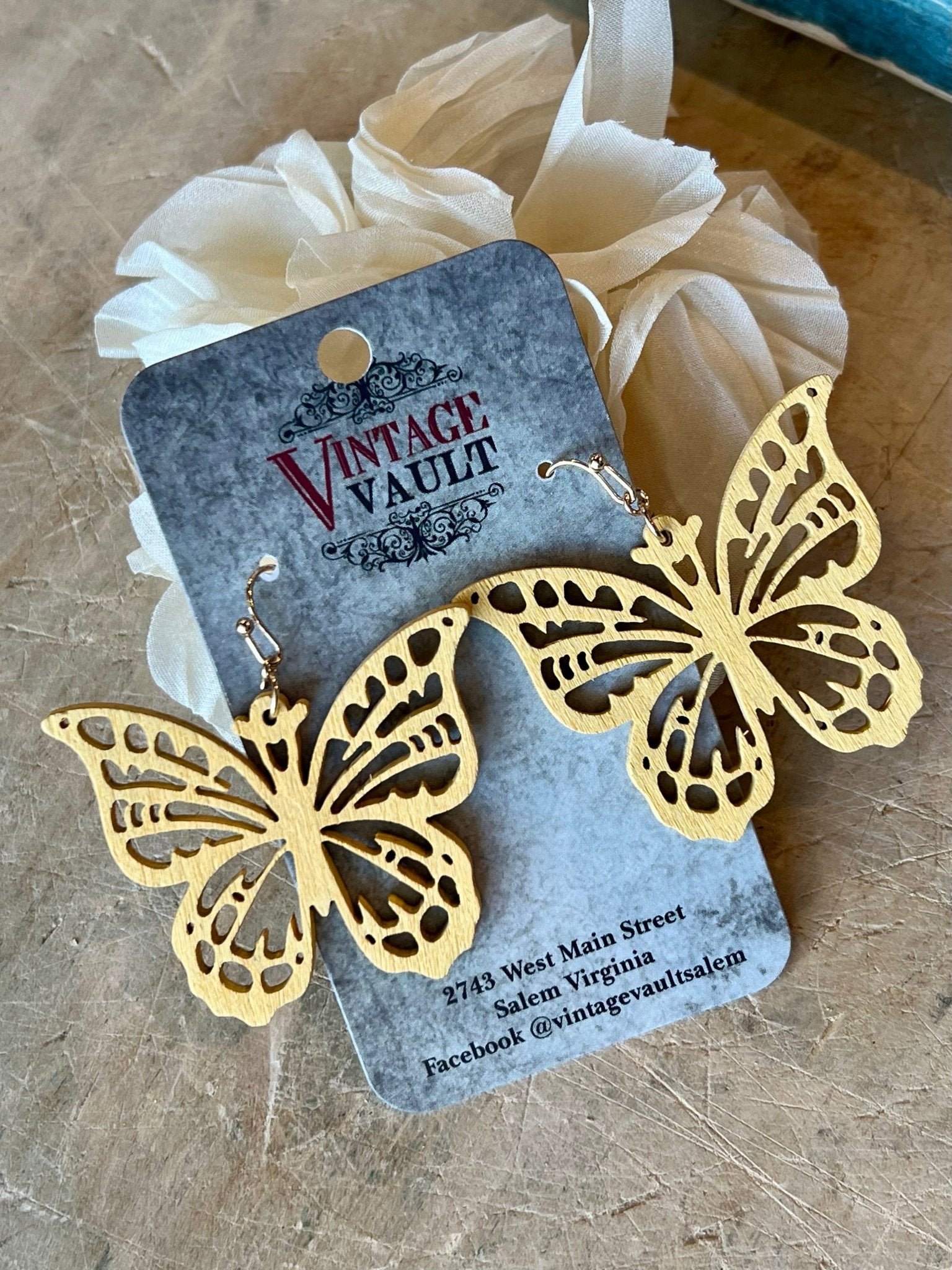 Wood Butterfly Filigree Earrings - Vintage Vault Boutique
