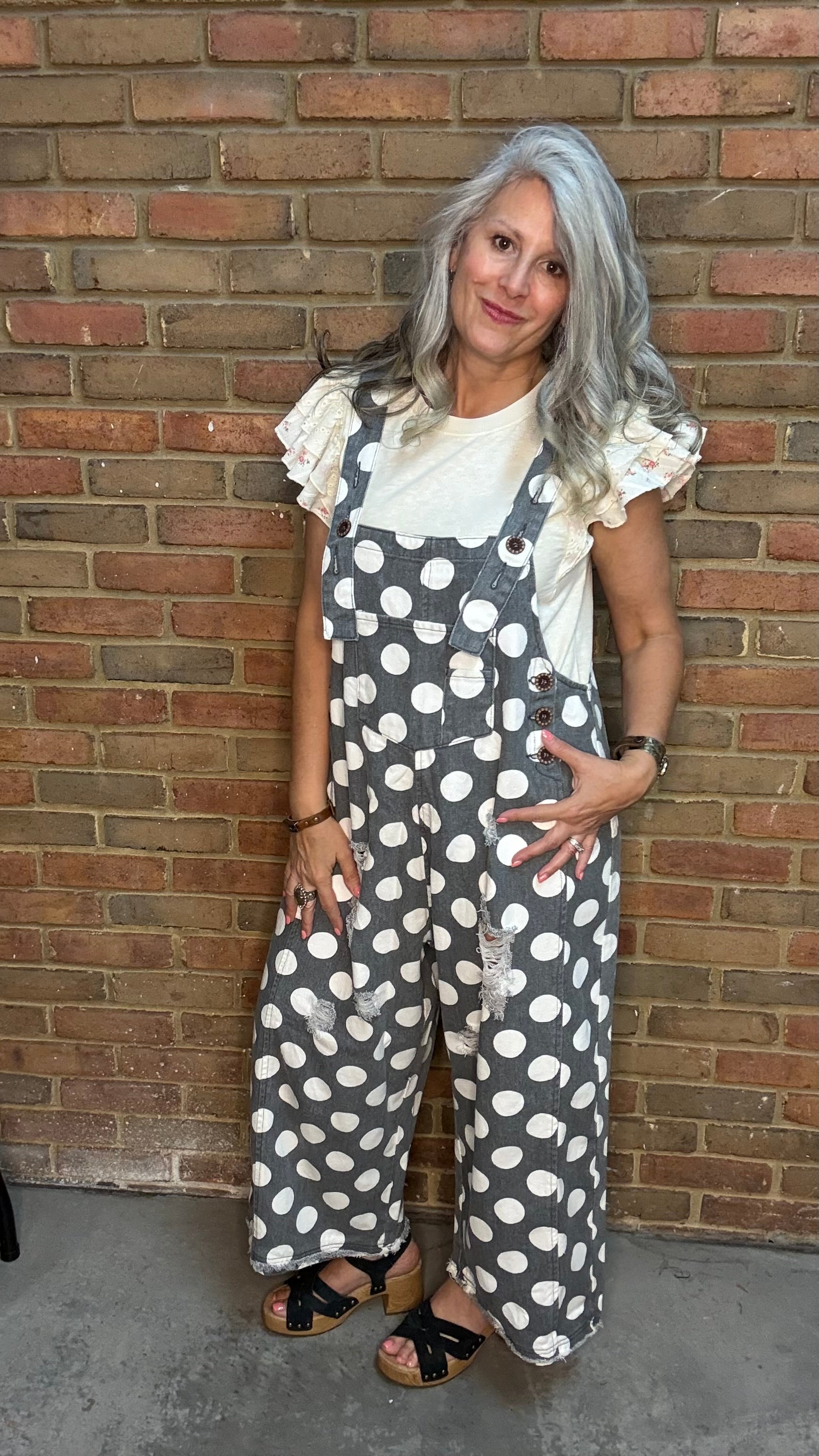 Grey Polka Dot Relaxed Overalls