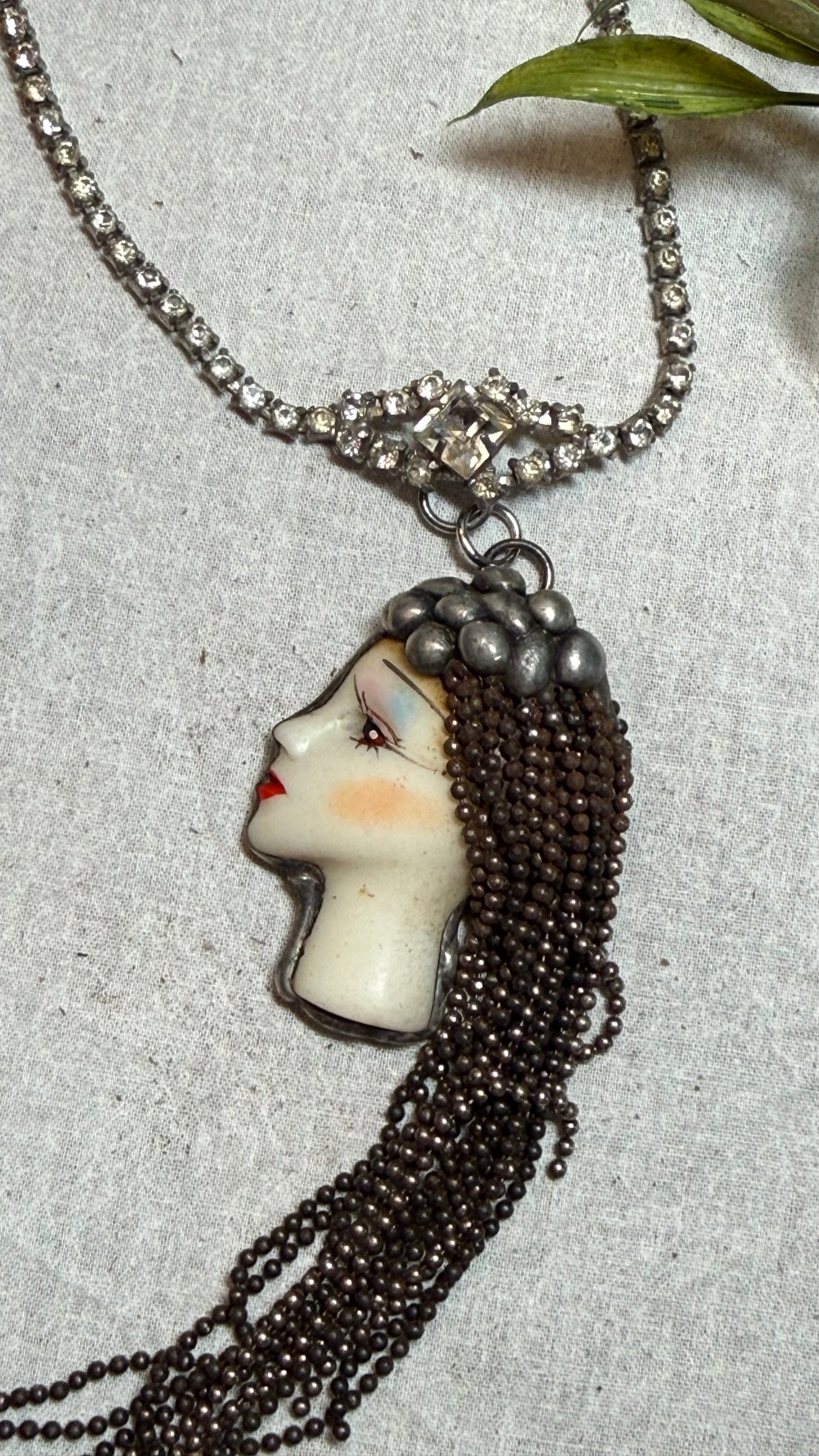 Vintage Face on Crystal Necklace