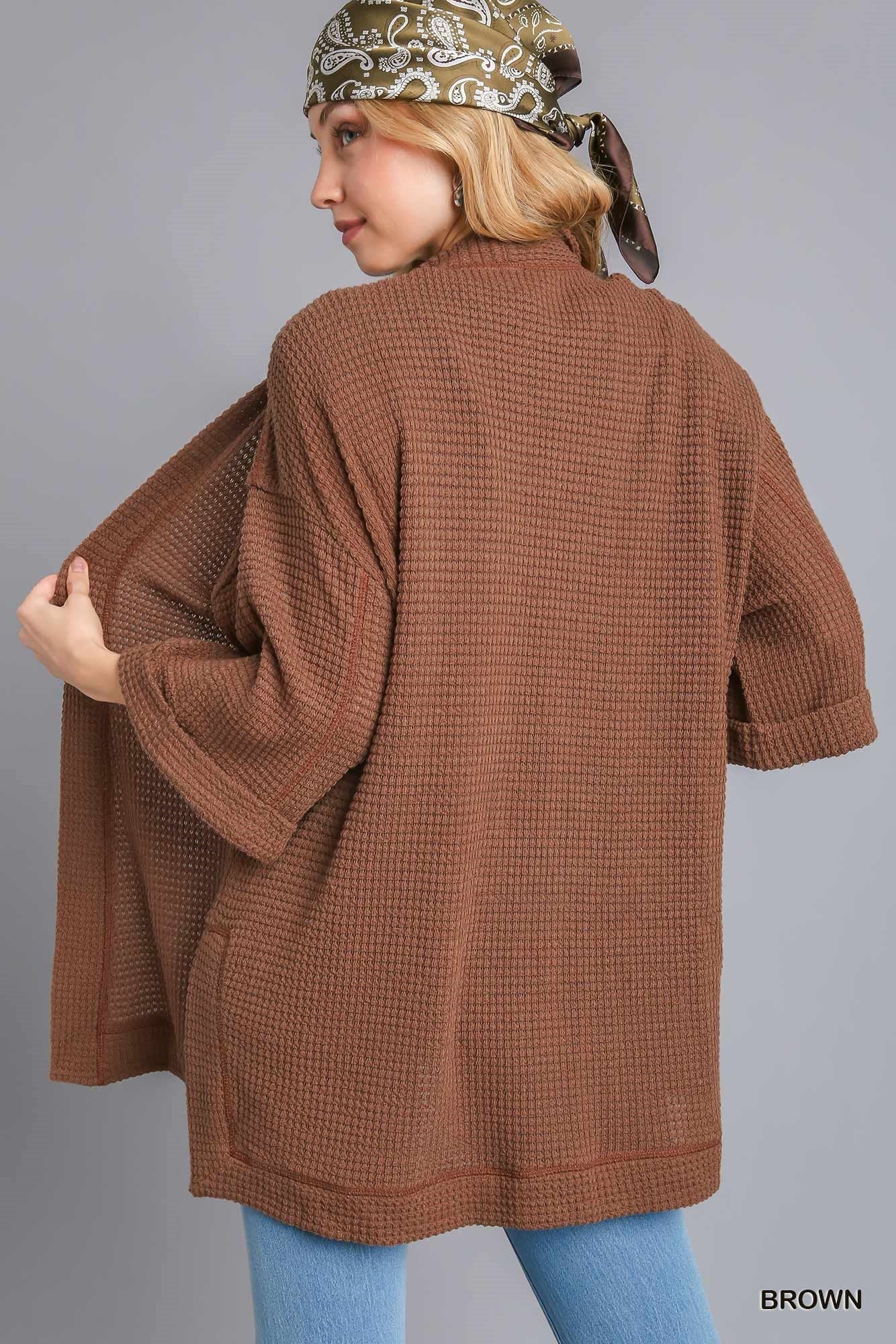 Brown Chunky Waffle Knit Cardigan