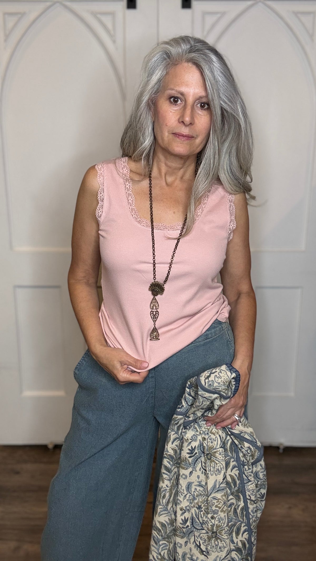 Lace Trim Ribbed Tank Top Blush