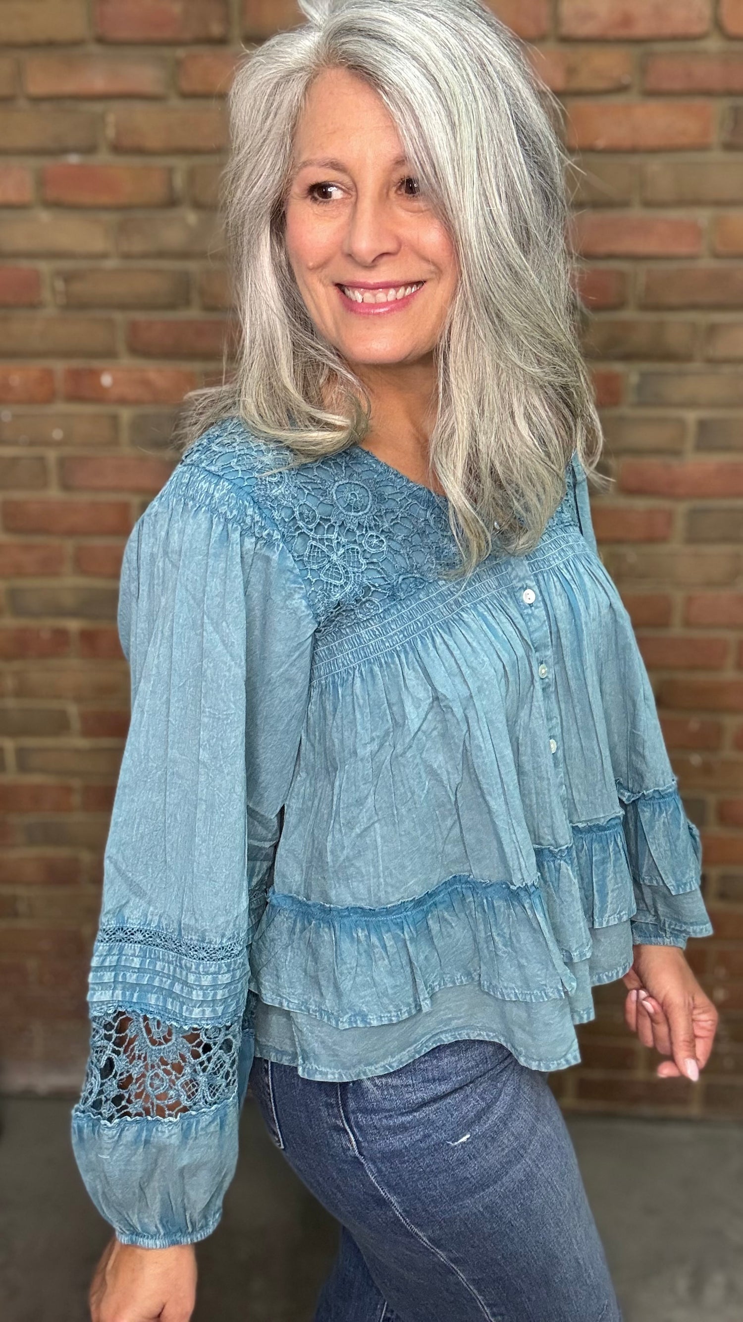Denim Lace Button Up Top