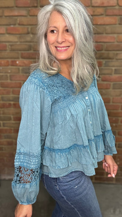 Denim Lace Button Up Top