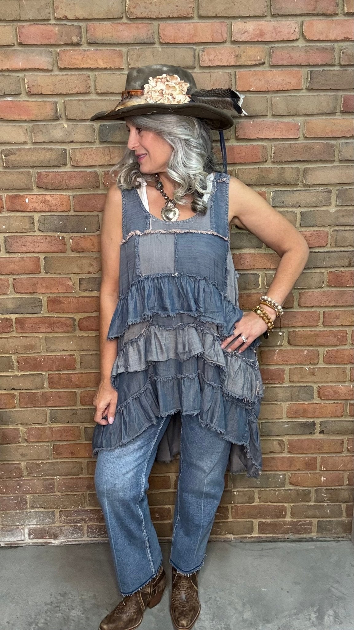 Patchwork Skies Ruffle Tank - Vintage Vault Boutique