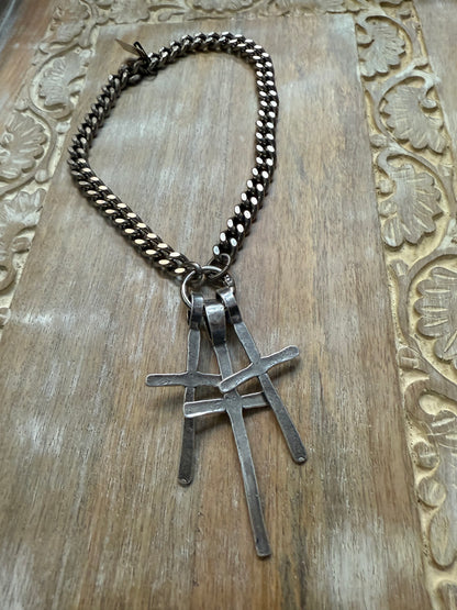 Triple Cross on Curb Chain Necklace