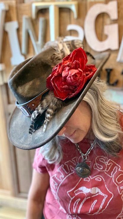 Red Rose Brown Cowboy Hat by A Rare Bird - Vintage Vault Boutique