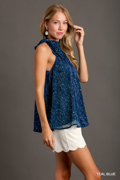 Shimmer Tie Neck Top - Teal Blue