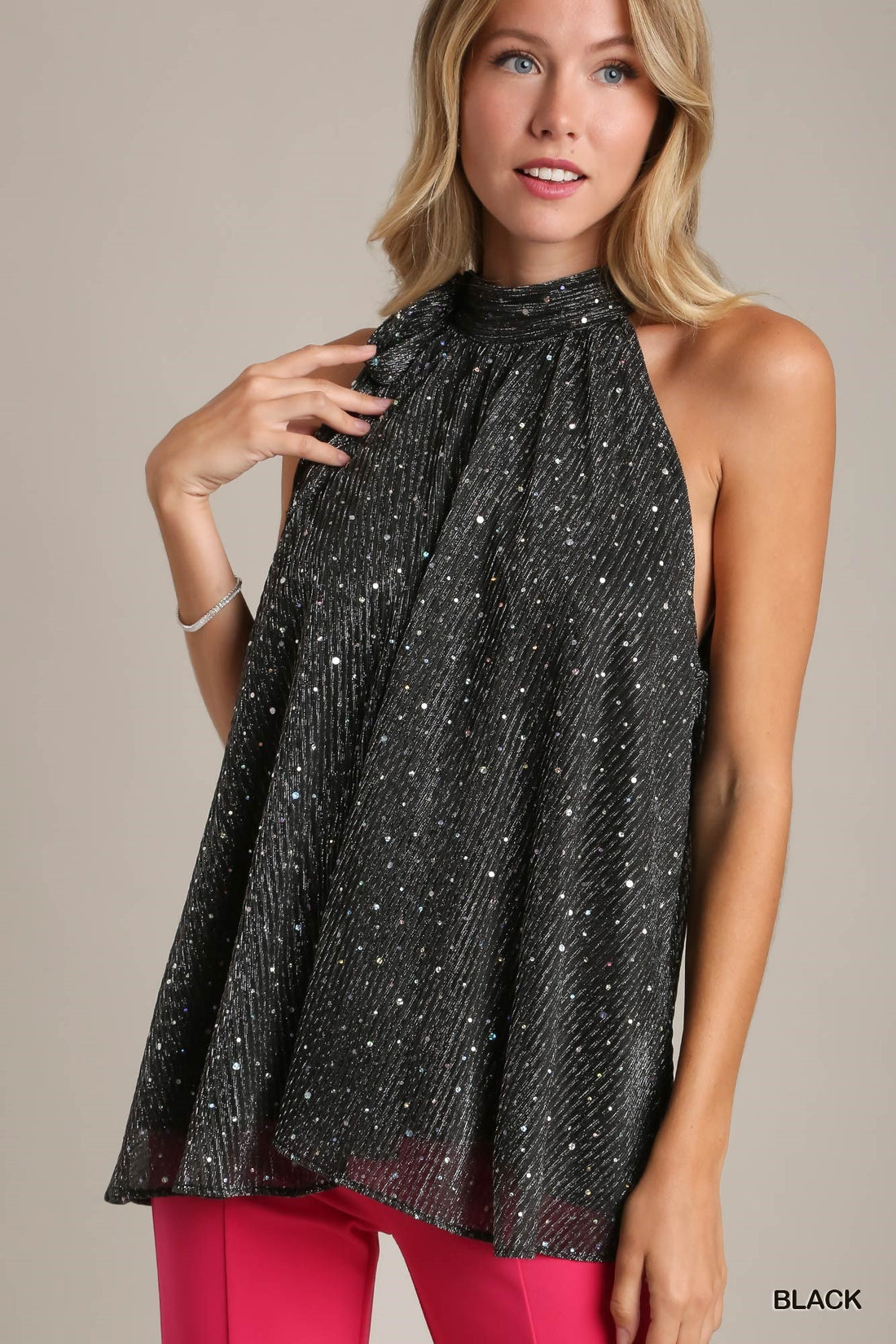 Shimmer Tie Neck Top - Black