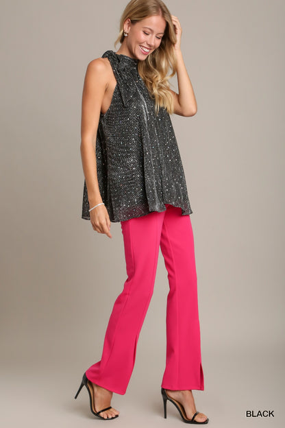 Shimmer Tie Neck Top - Black