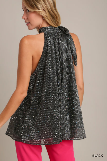 Shimmer Tie Neck Top - Black