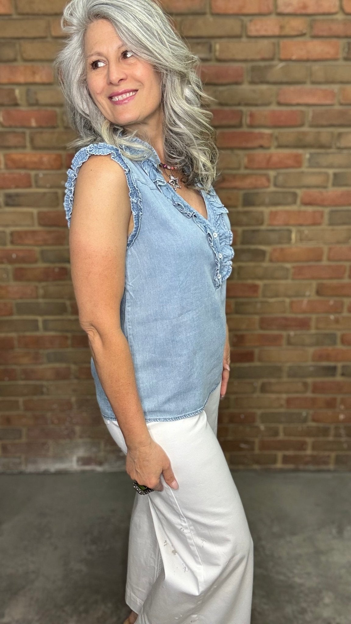 Ruffle Sleeveless V - Neck Top - Vintage Vault Boutique