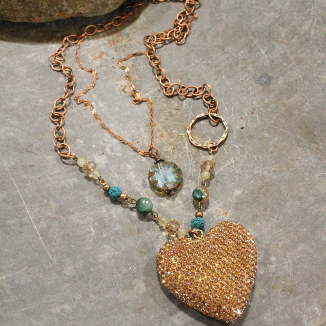 Sparkling Heart &amp; Layers Of Blue Mint Czech Necklace