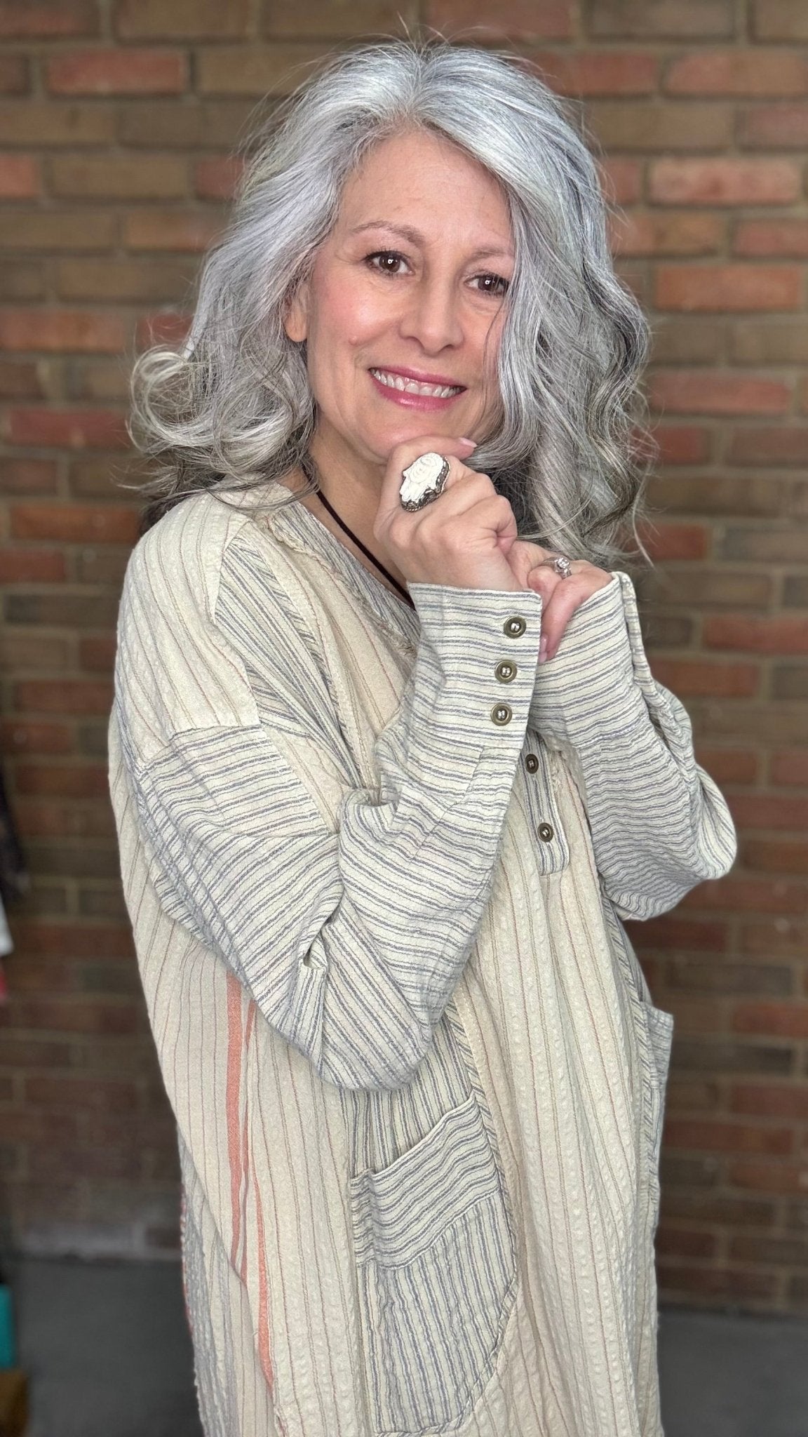 Striped Henley and Lace Detail Top - Vintage Vault Boutique