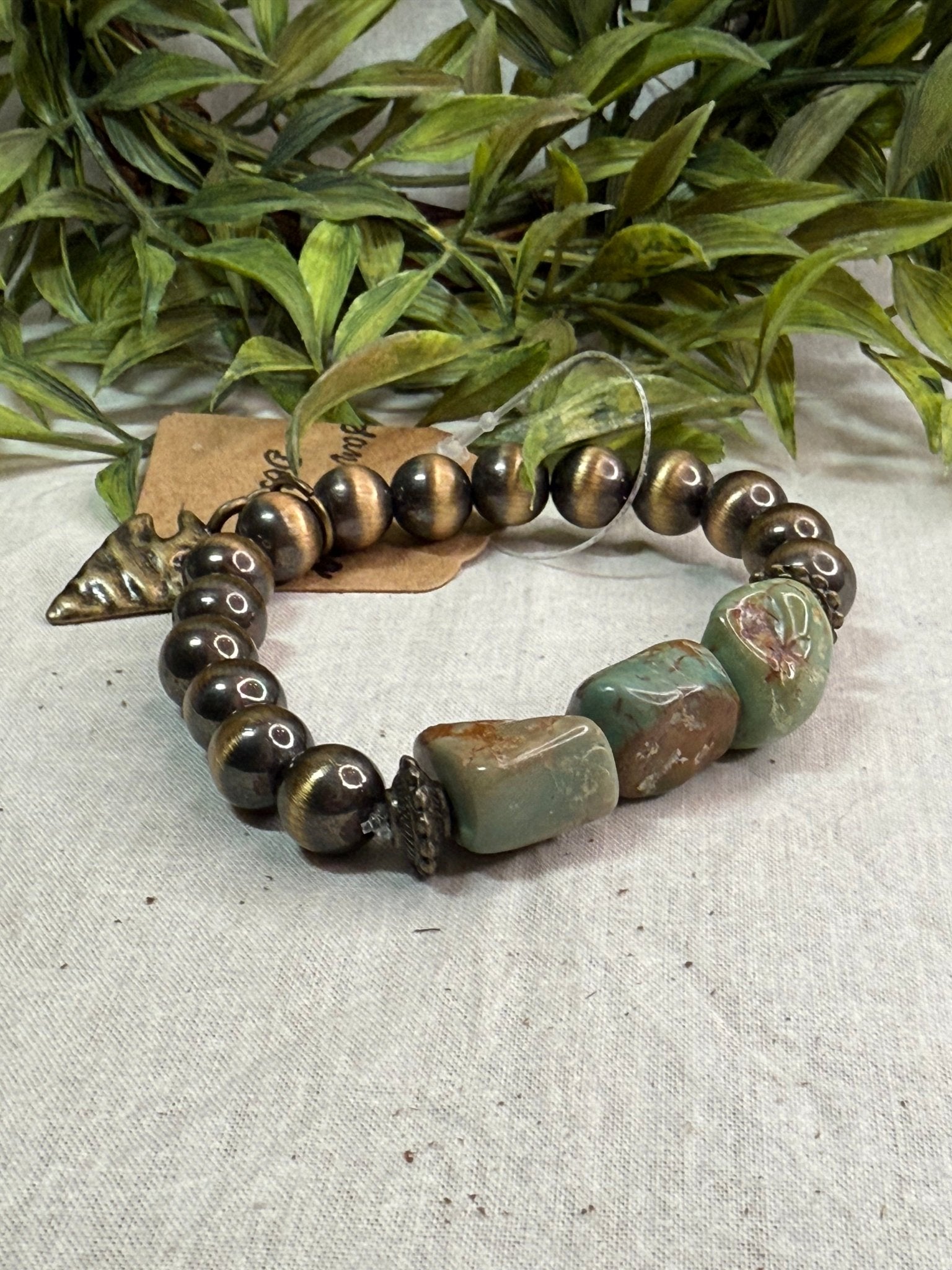 Bronze Desert Pearls and Turquoise Stretch Bracelet - Vintage Vault Boutique