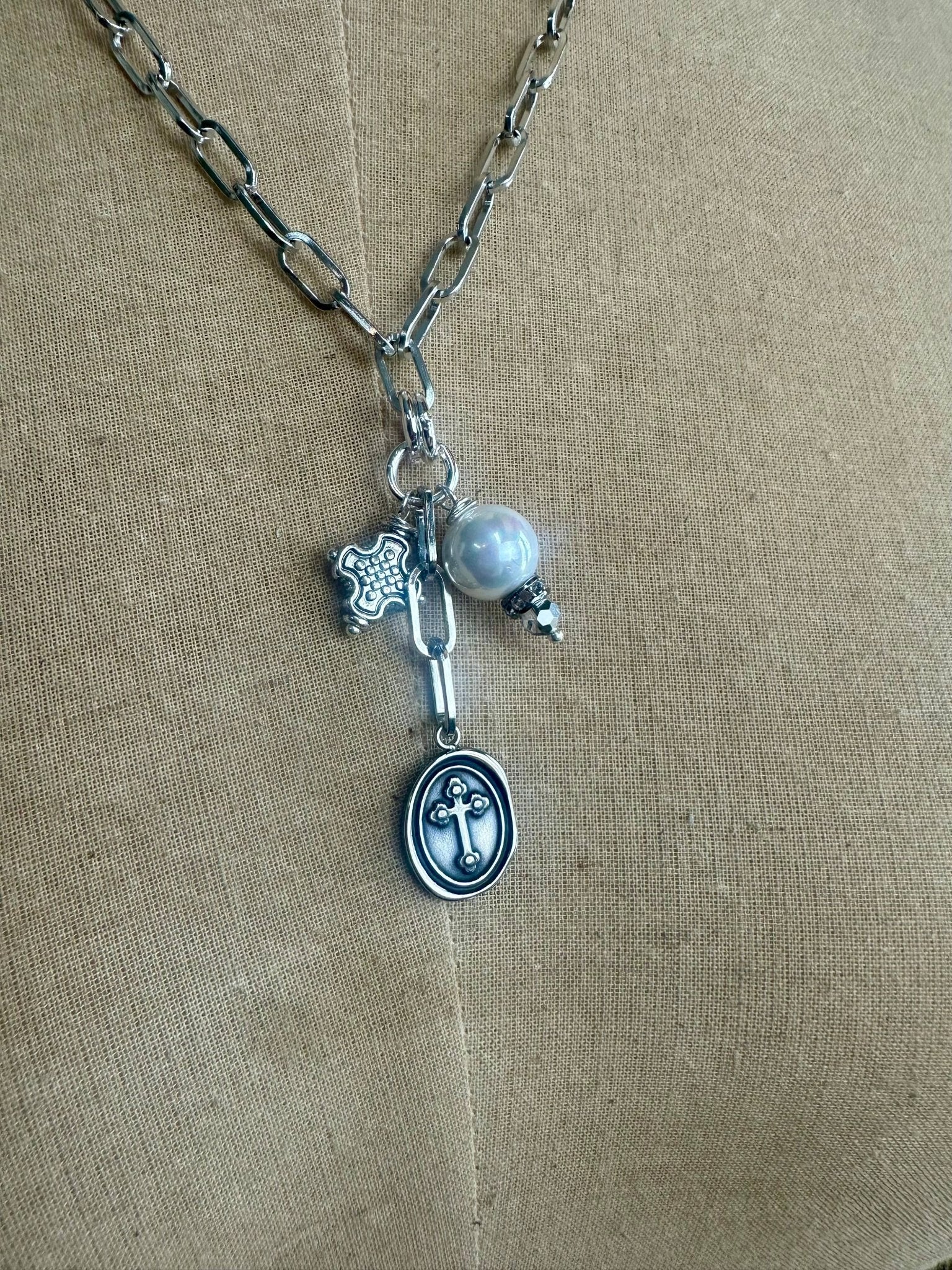 Silver Cross Pearl Necklace - Vintage Vault Boutique
