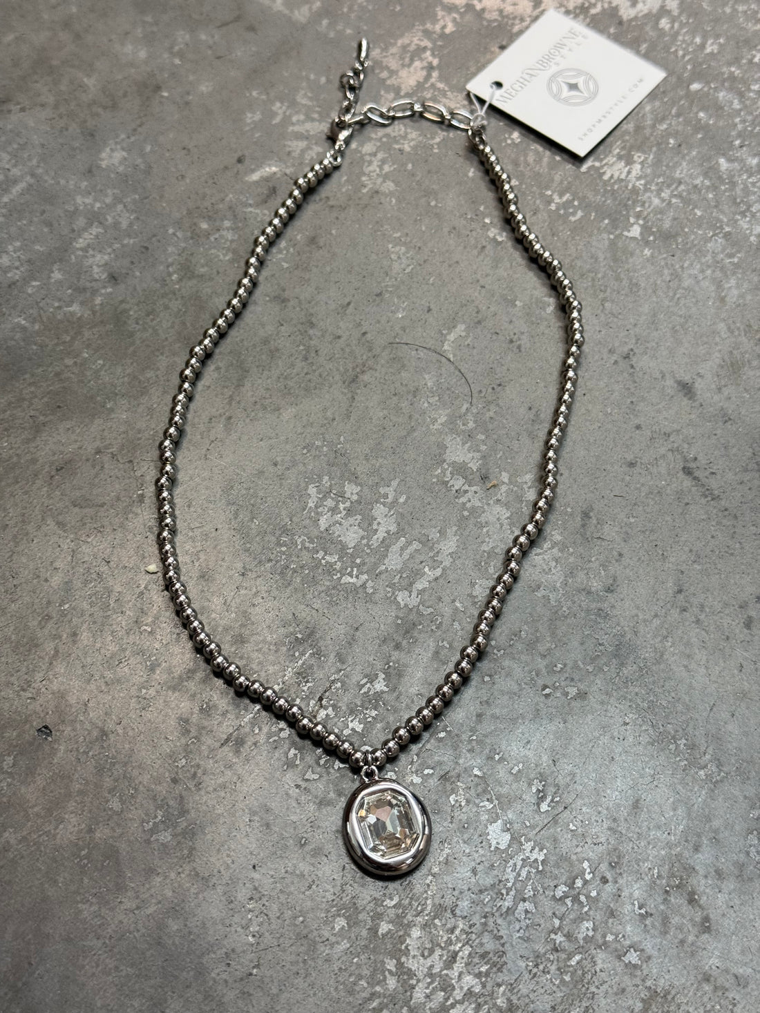 Silver Crystal Pendant on Silver Beaded Necklace