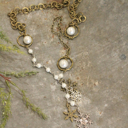 Mixed Metals Adorned With Pearls &amp; Snowflakes Pendant Necklace