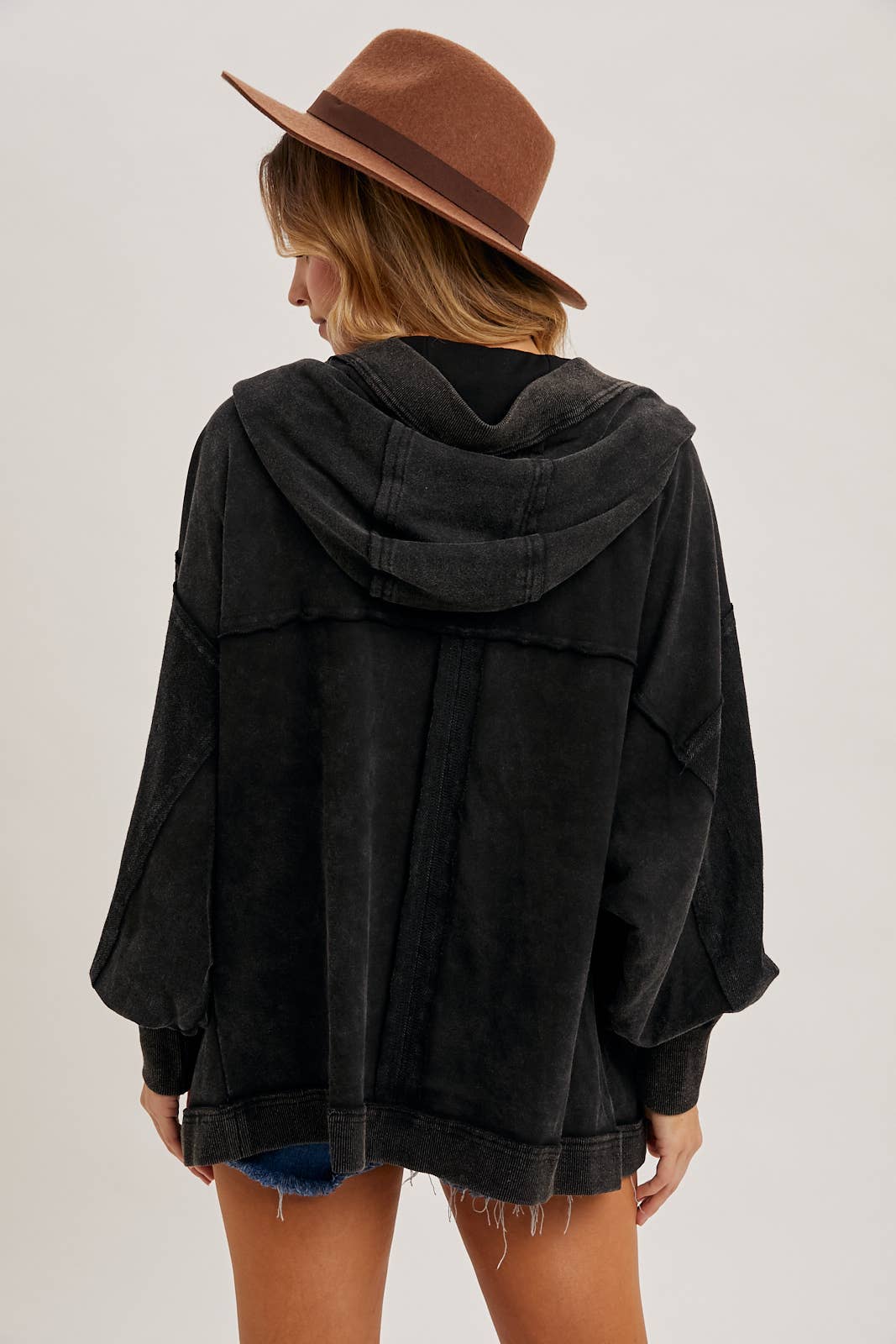 Washed Open Front Hoodie Cardigan BLACK