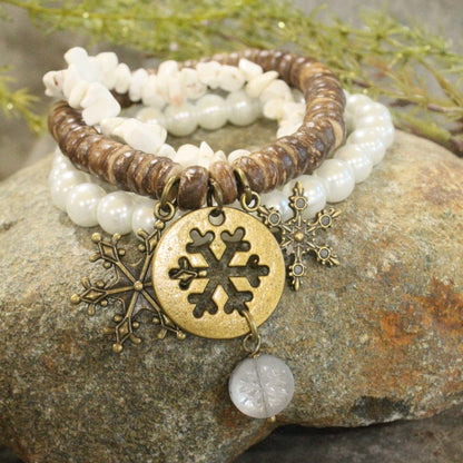 Czech Stone &amp; Bronze Snowflake Stretch White Bracelet Set