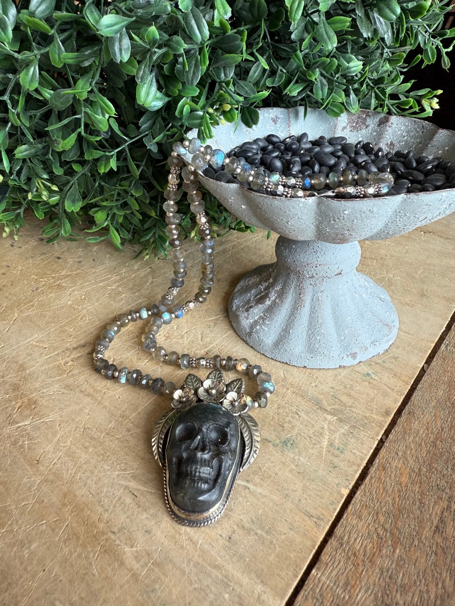 Labradorite Skull Necklace - Vintage Vault Boutique