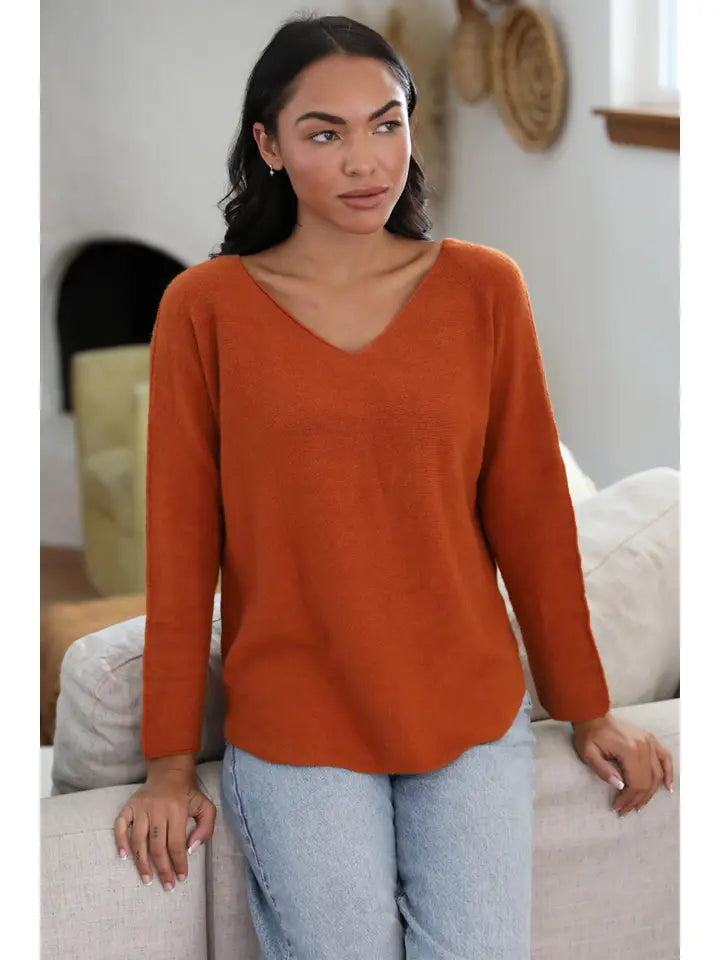 Rust V-Neck Solid Sweater ONE SIZE