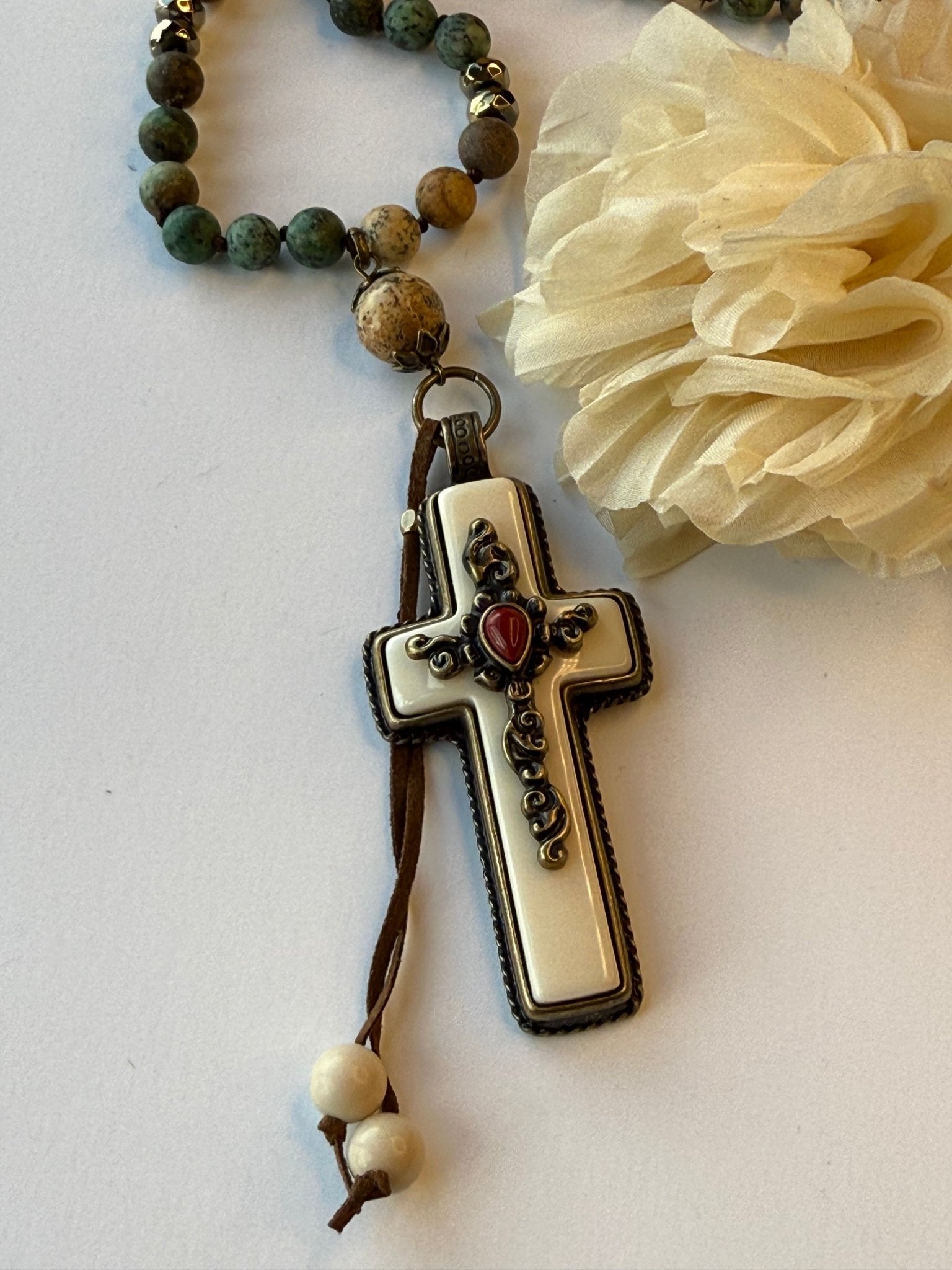 Bone Cross with Brass Center Embellishment Necklace - Vintage Vault Boutique