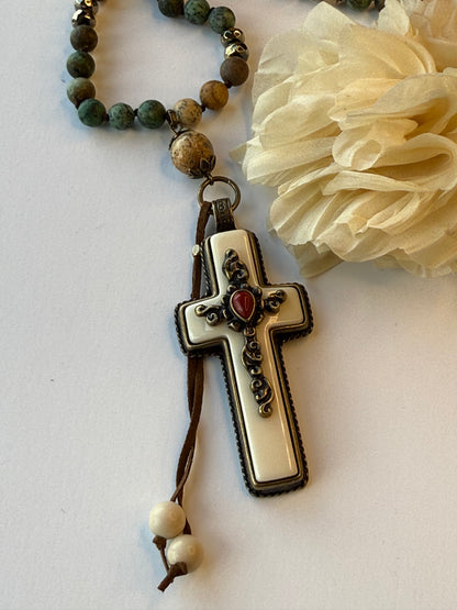 Bone Cross with Brass Center Embellishment Necklace