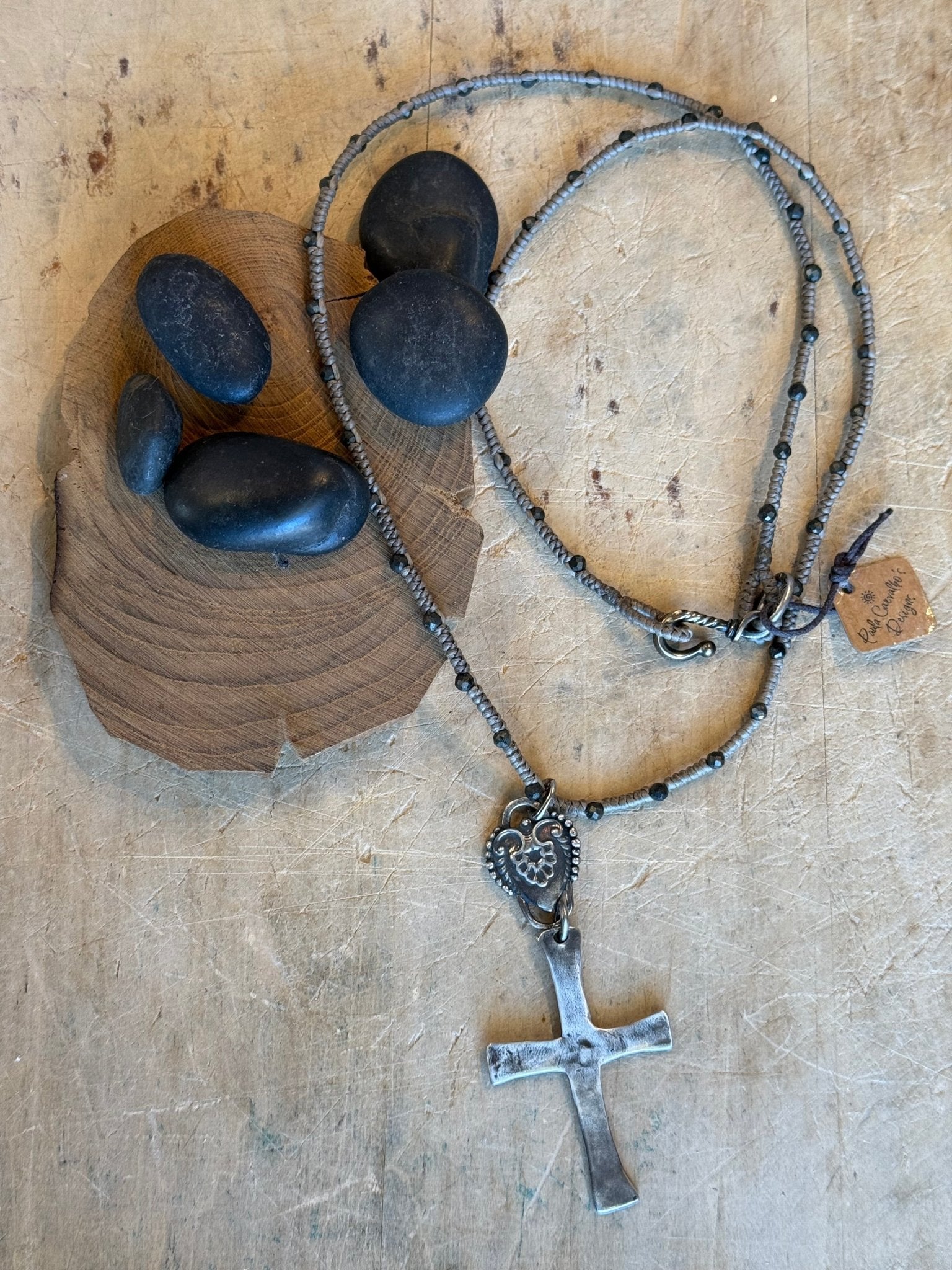 Cross on Braided Pyrite Strand Necklace - Vintage Vault Boutique