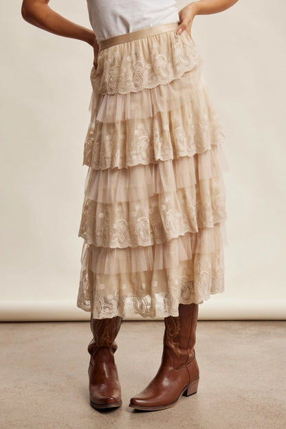 Frilly Lace Tiered Midi Skirt