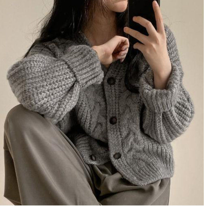 Cable Knit Cardigan Sweater Grey