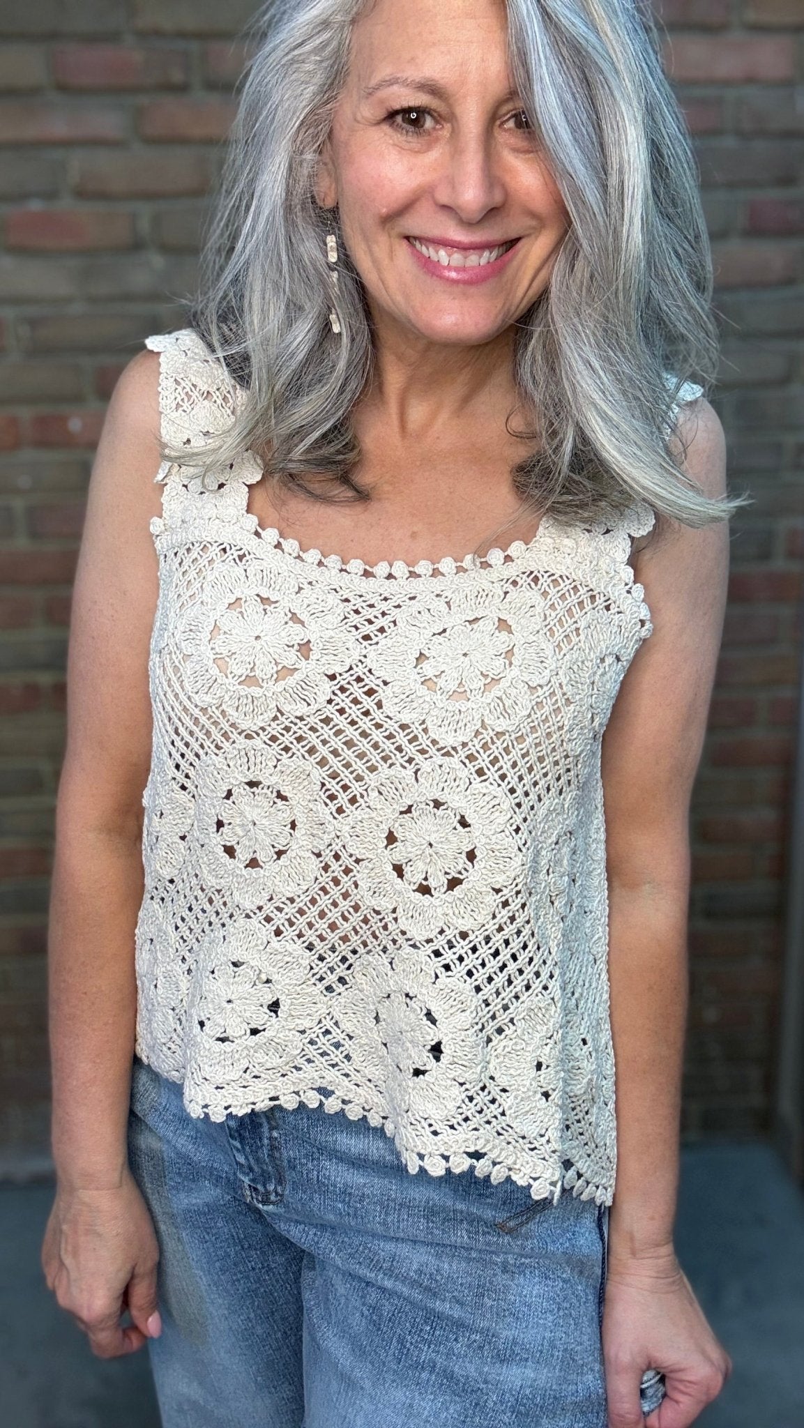 Crochet Square Neck Tank Ecru - Vintage Vault Boutique