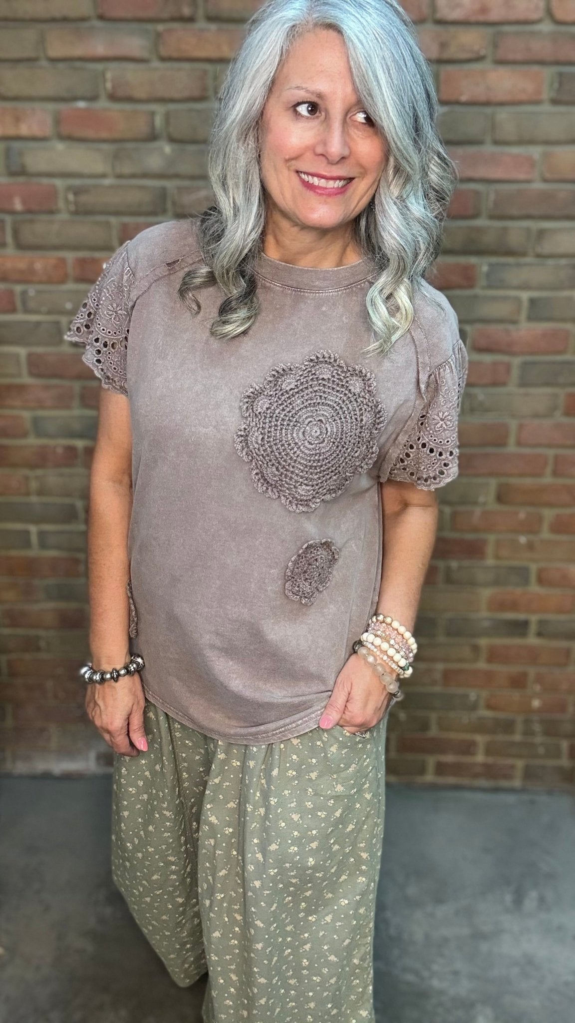 Mocha Crochet Patch Top - Vintage Vault Boutique