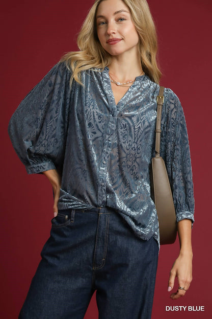 Dusty Blue Burnout Velvet Top