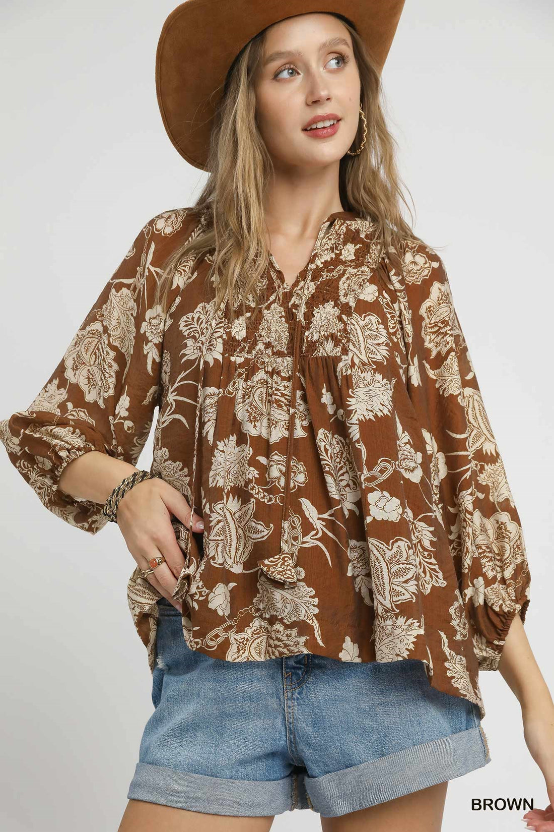 Brown Floral Front Tie Top