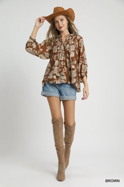 Brown Floral Front Tie Top