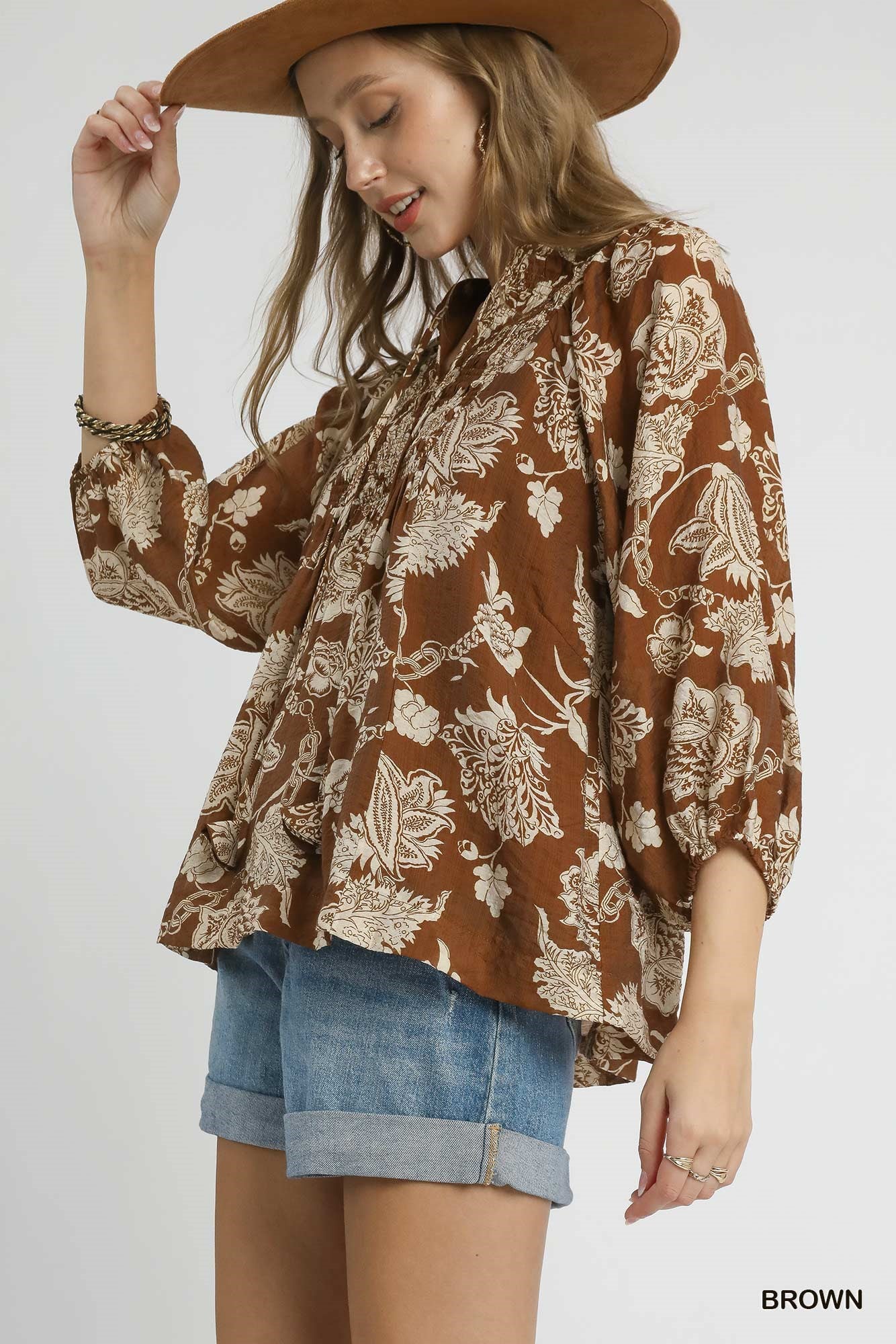 Brown Floral Front Tie Top