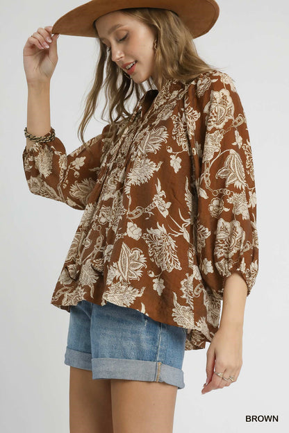 Brown Floral Front Tie Top