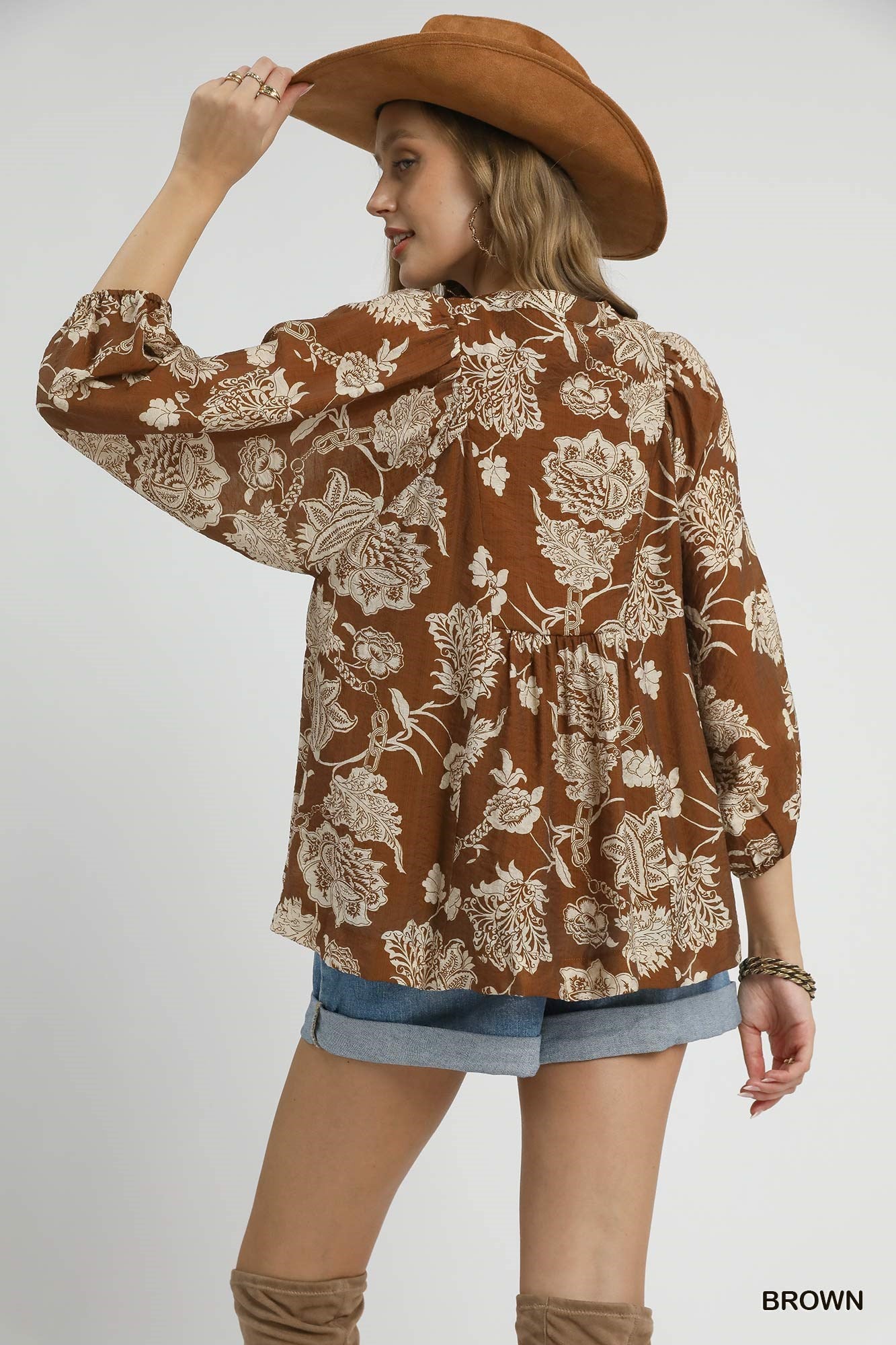 Brown Floral Front Tie Top