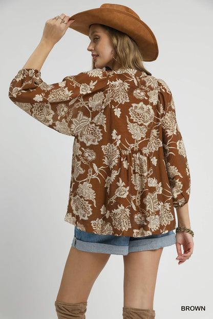 Brown Floral Front Tie Top