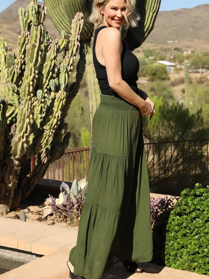 Smocked Tiered Boho Pants - OLIVE - Vintage Vault Boutique